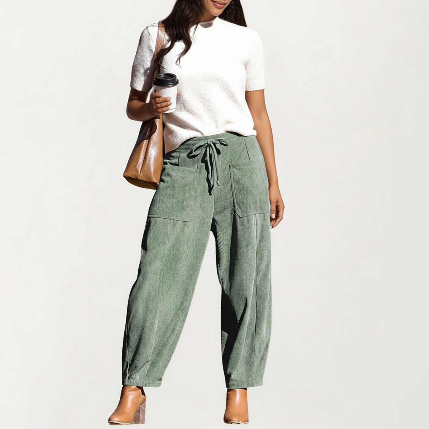 Drawstring High Waist Relaxed Fit Pants with Front Patch Pockets