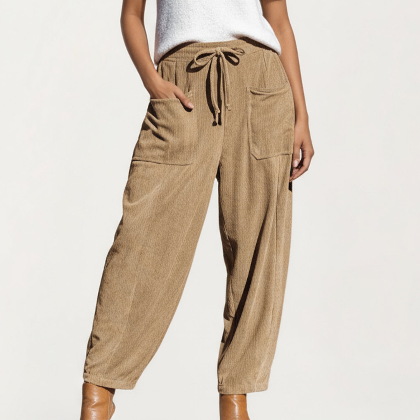 Drawstring High Waist Relaxed Fit Pants with Front Patch Pockets