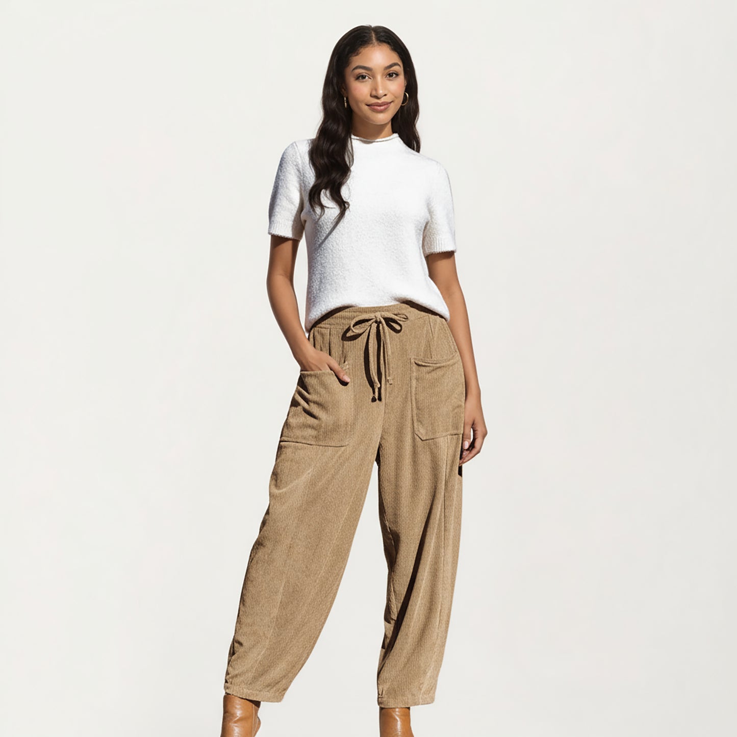 Drawstring High Waist Relaxed Fit Pants with Front Patch Pockets