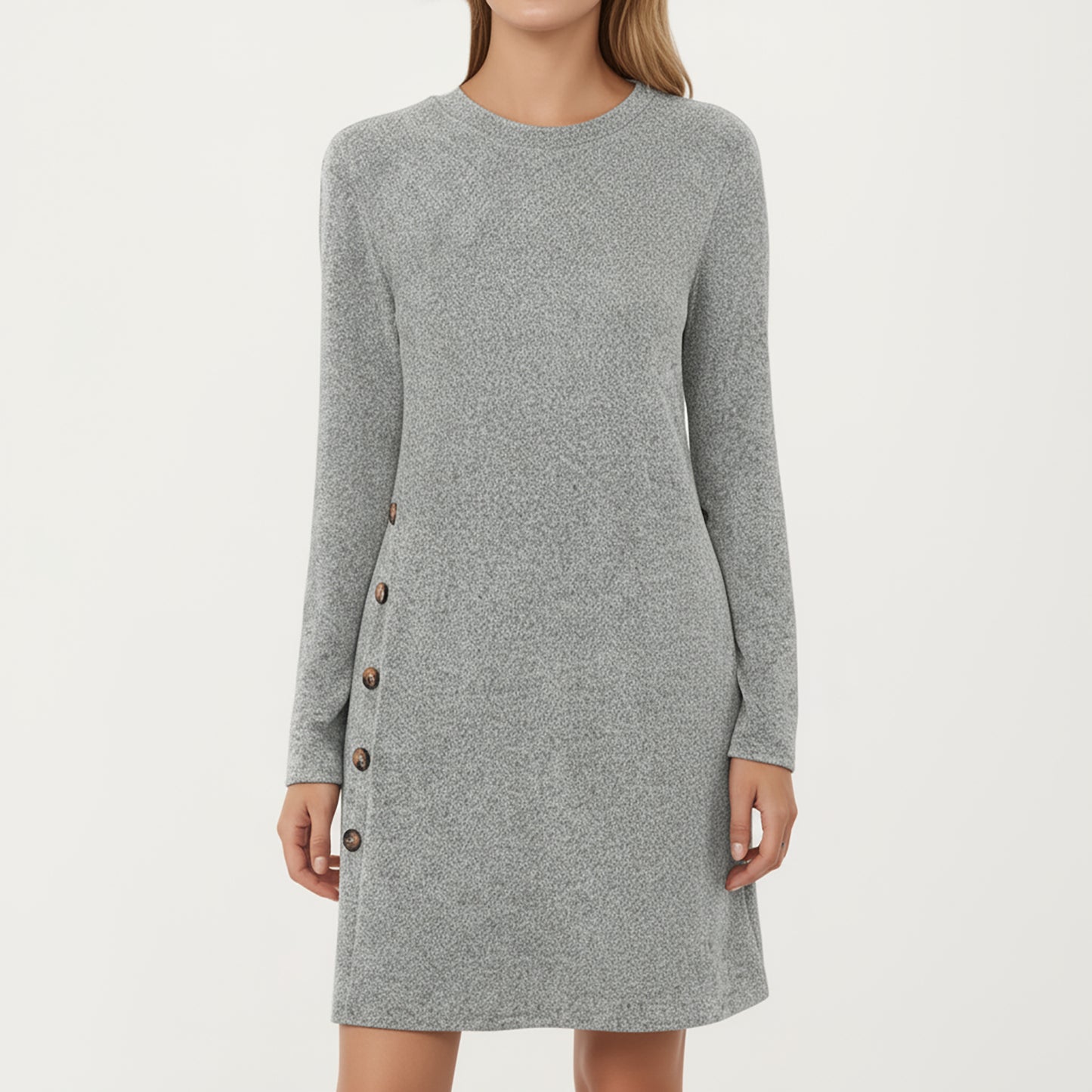 Long Sleeve Knit Dress with Side Button Detail and Crew Neckline
