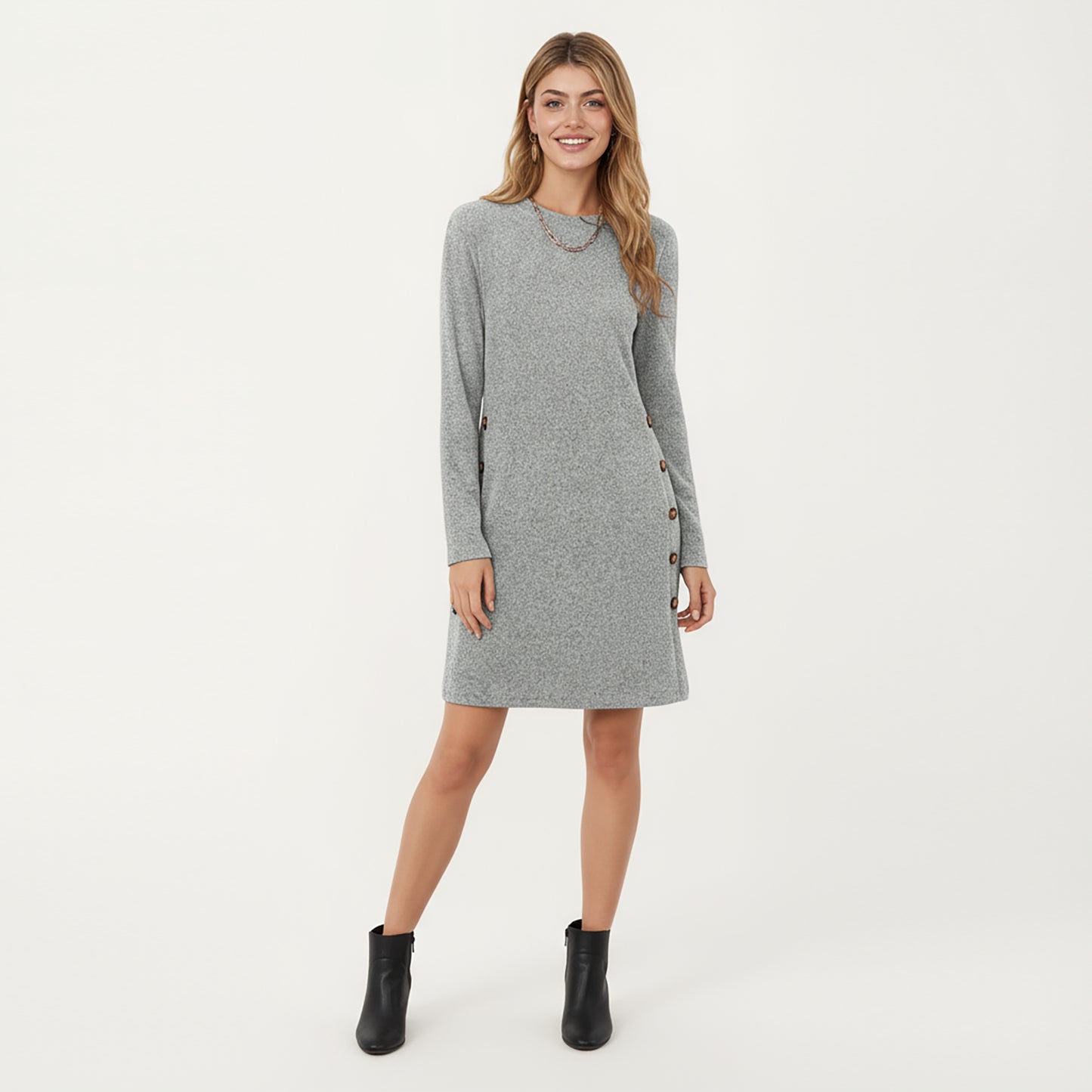Long Sleeve Knit Dress with Side Button Detail and Crew Neckline