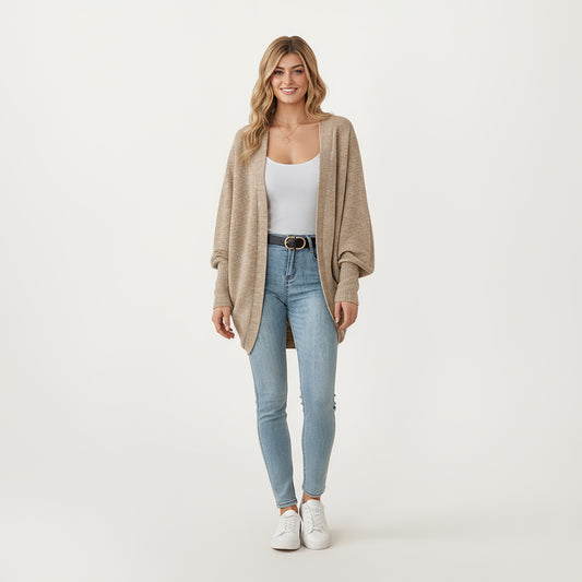 Open Front Knit Cardigan with Dolman Sleeves and Relaxed Fit