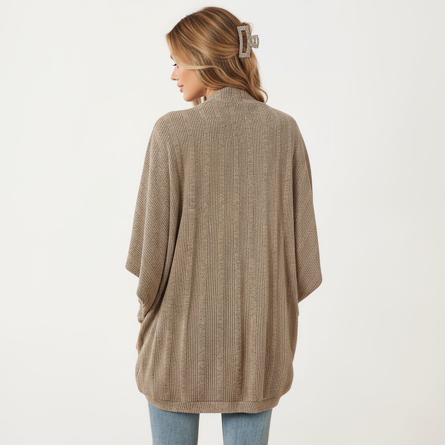 Open Front Knit Cardigan with Dolman Sleeves and Relaxed Fit