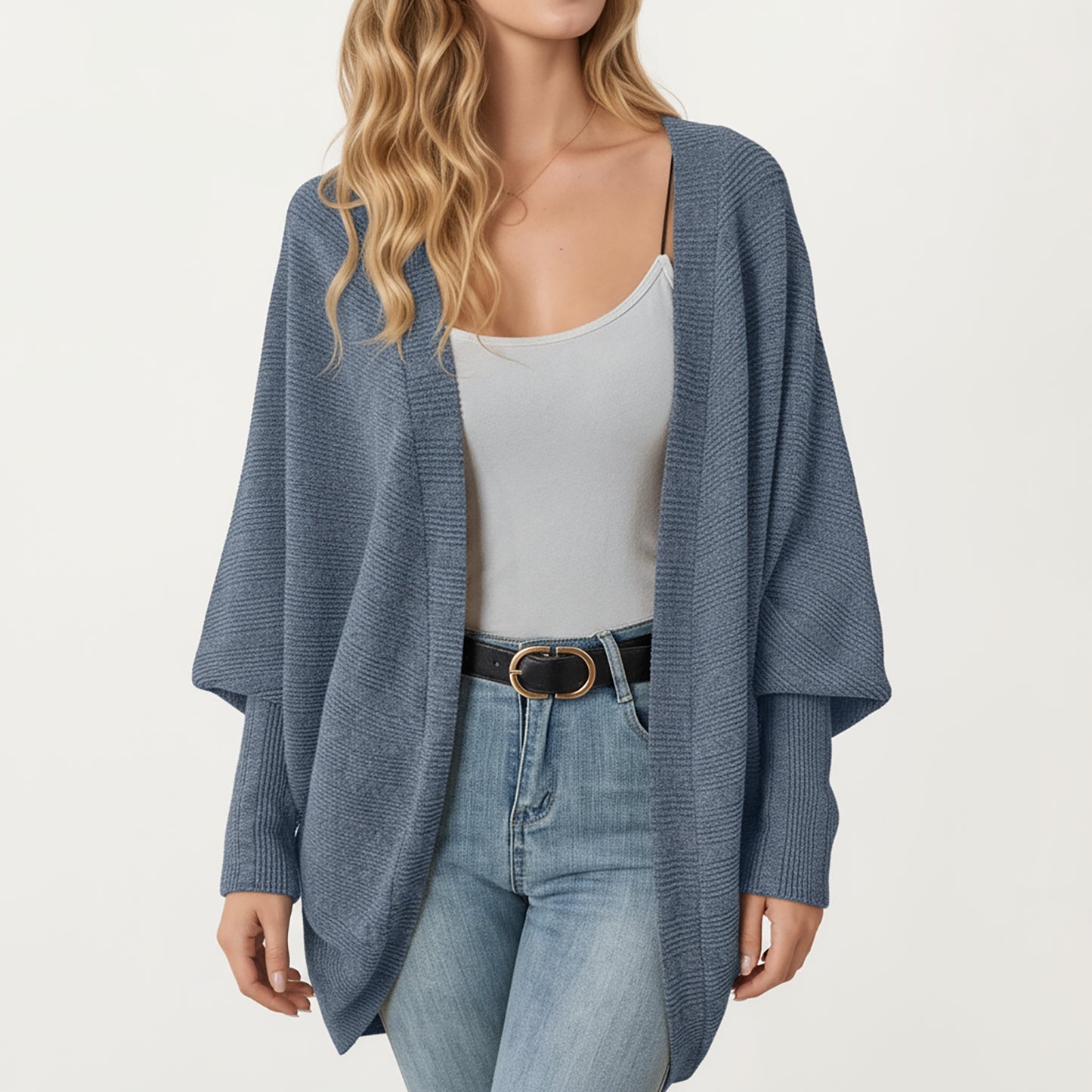 Open Front Knit Cardigan with Dolman Sleeves and Relaxed Fit