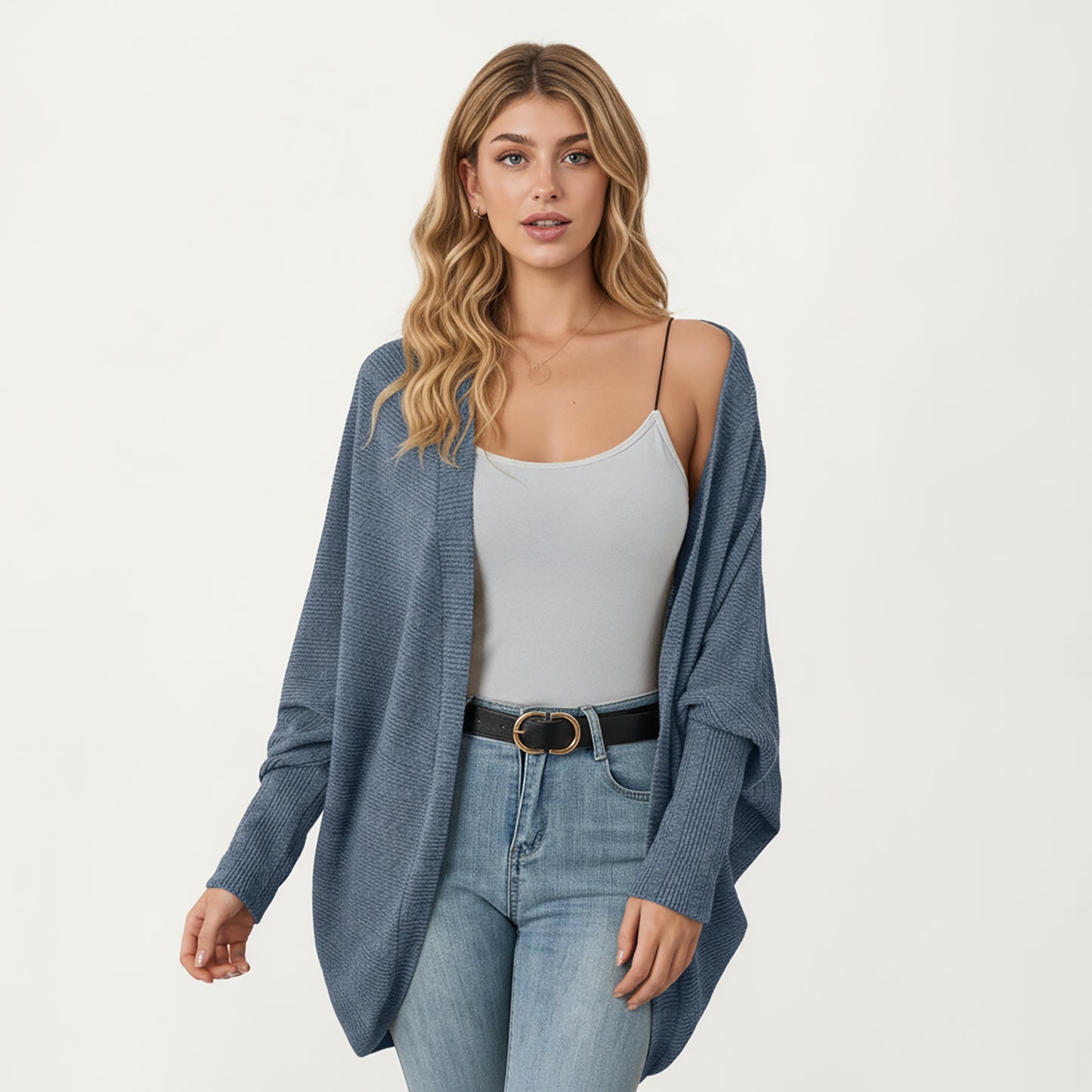 Open Front Knit Cardigan with Dolman Sleeves and Relaxed Fit