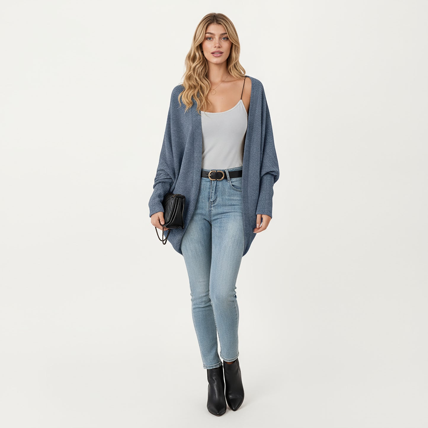 Open Front Knit Cardigan with Dolman Sleeves and Relaxed Fit