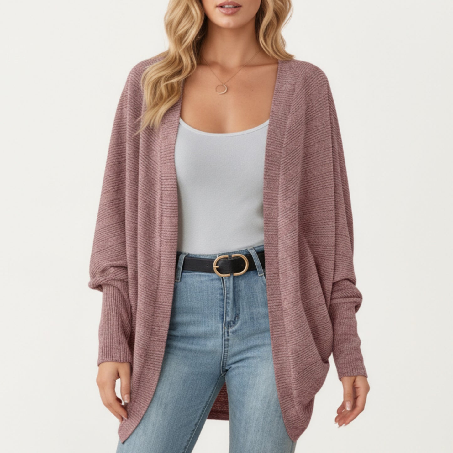Open Front Knit Cardigan with Dolman Sleeves and Relaxed Fit