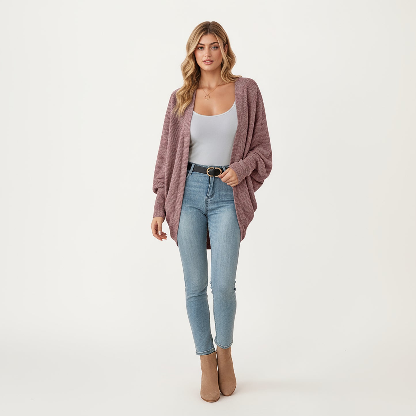 Open Front Knit Cardigan with Dolman Sleeves and Relaxed Fit