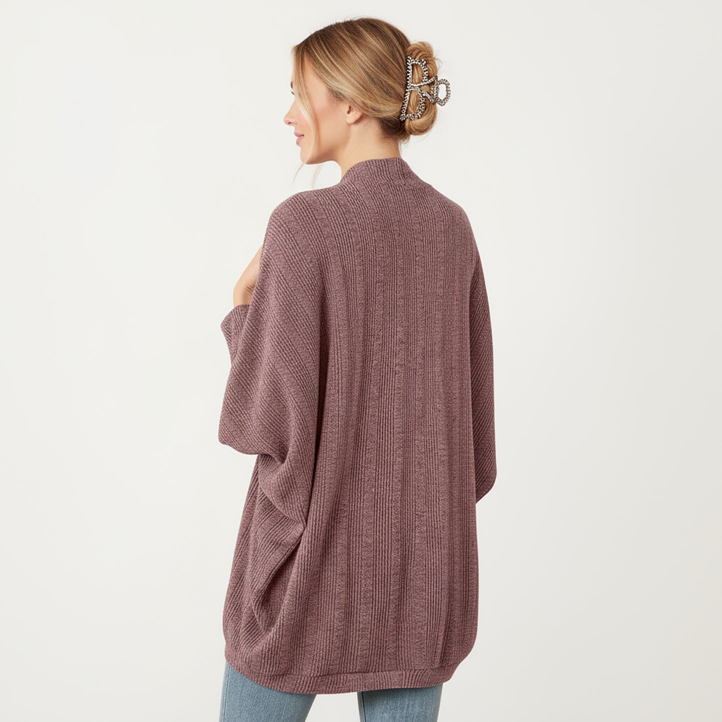 Open Front Knit Cardigan with Dolman Sleeves and Relaxed Fit