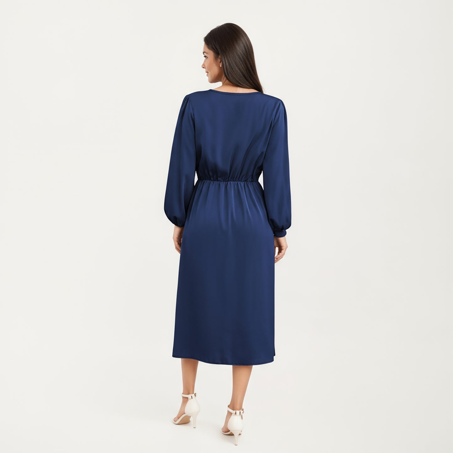 Long Sleeve Wrap Midi Dress with V-Neckline and Side Tie Waist