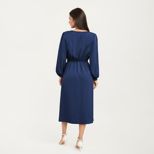Long Sleeve Wrap Midi Dress with V-Neckline and Side Tie Waist