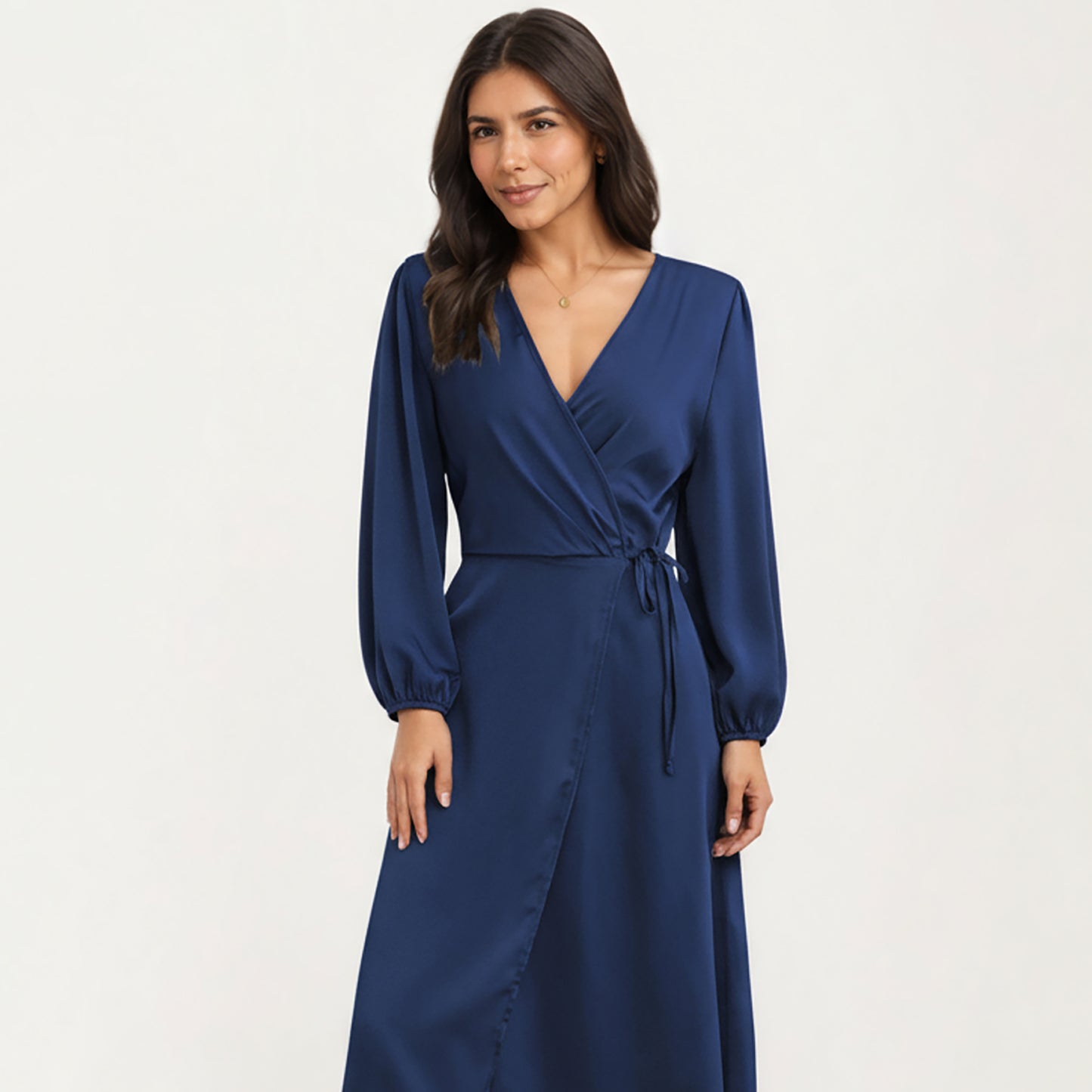Long Sleeve Wrap Midi Dress with V-Neckline and Side Tie Waist