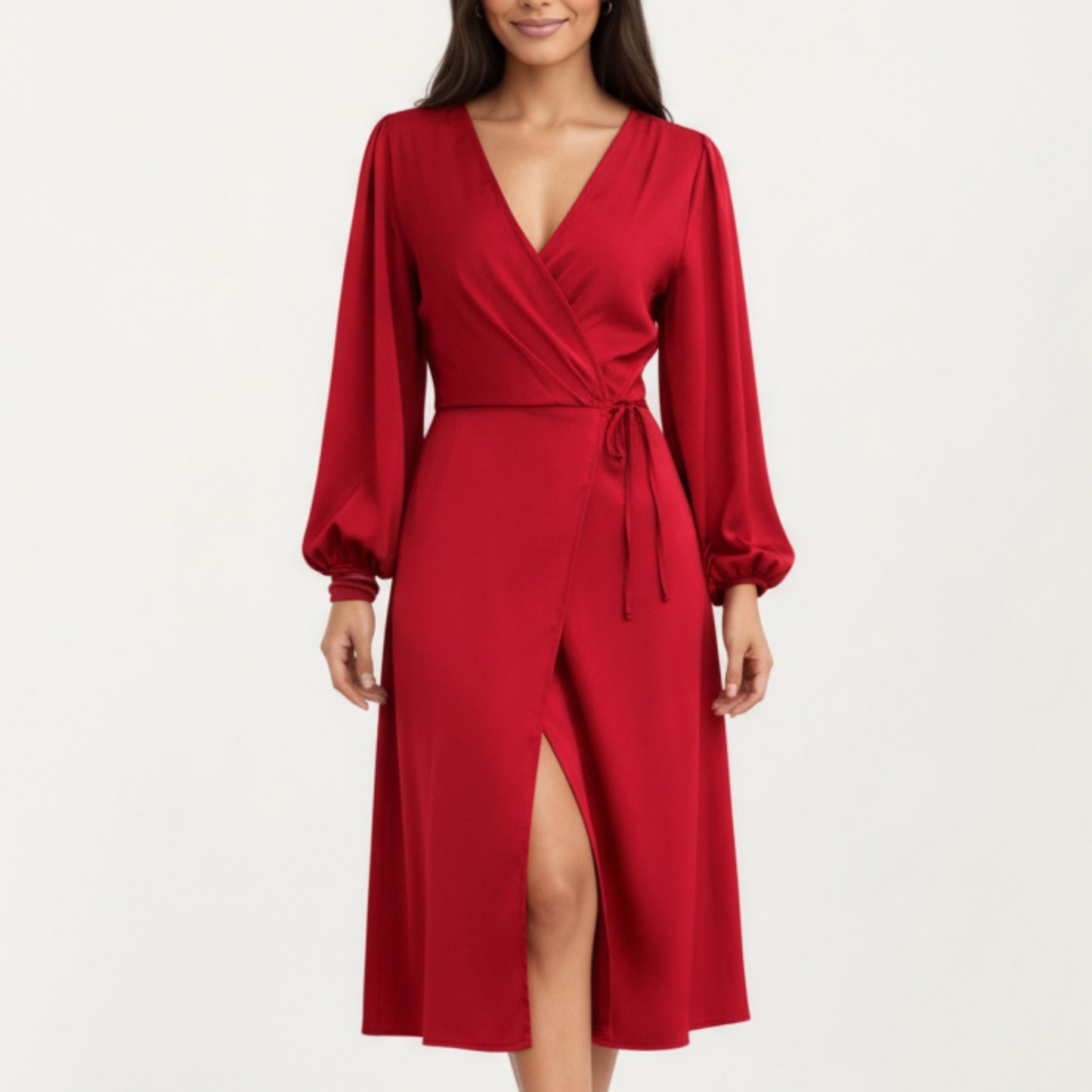 Long Sleeve Wrap Midi Dress with V-Neckline and Side Tie Waist