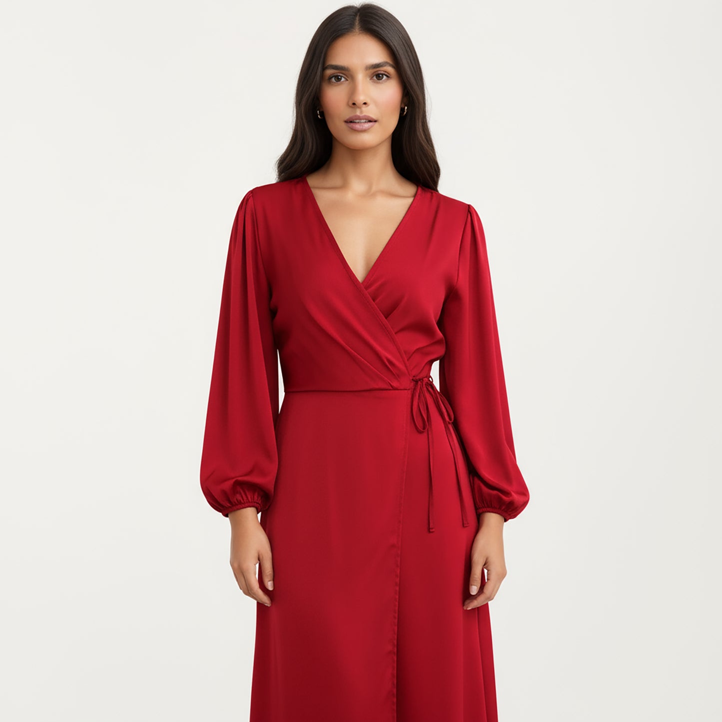 Long Sleeve Wrap Midi Dress with V-Neckline and Side Tie Waist