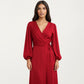 Long Sleeve Wrap Midi Dress with V-Neckline and Side Tie Waist