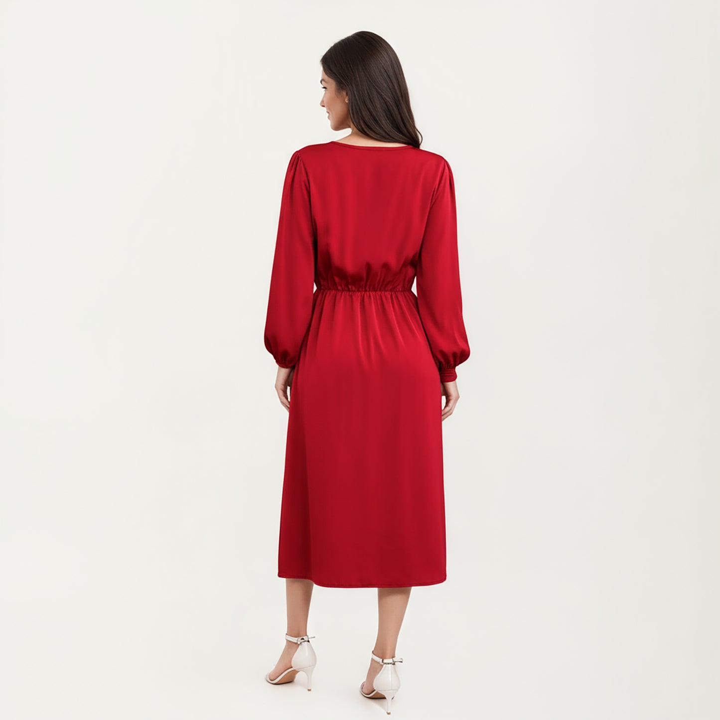Long Sleeve Wrap Midi Dress with V-Neckline and Side Tie Waist