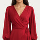 Long Sleeve Wrap Midi Dress with V-Neckline and Side Tie Waist
