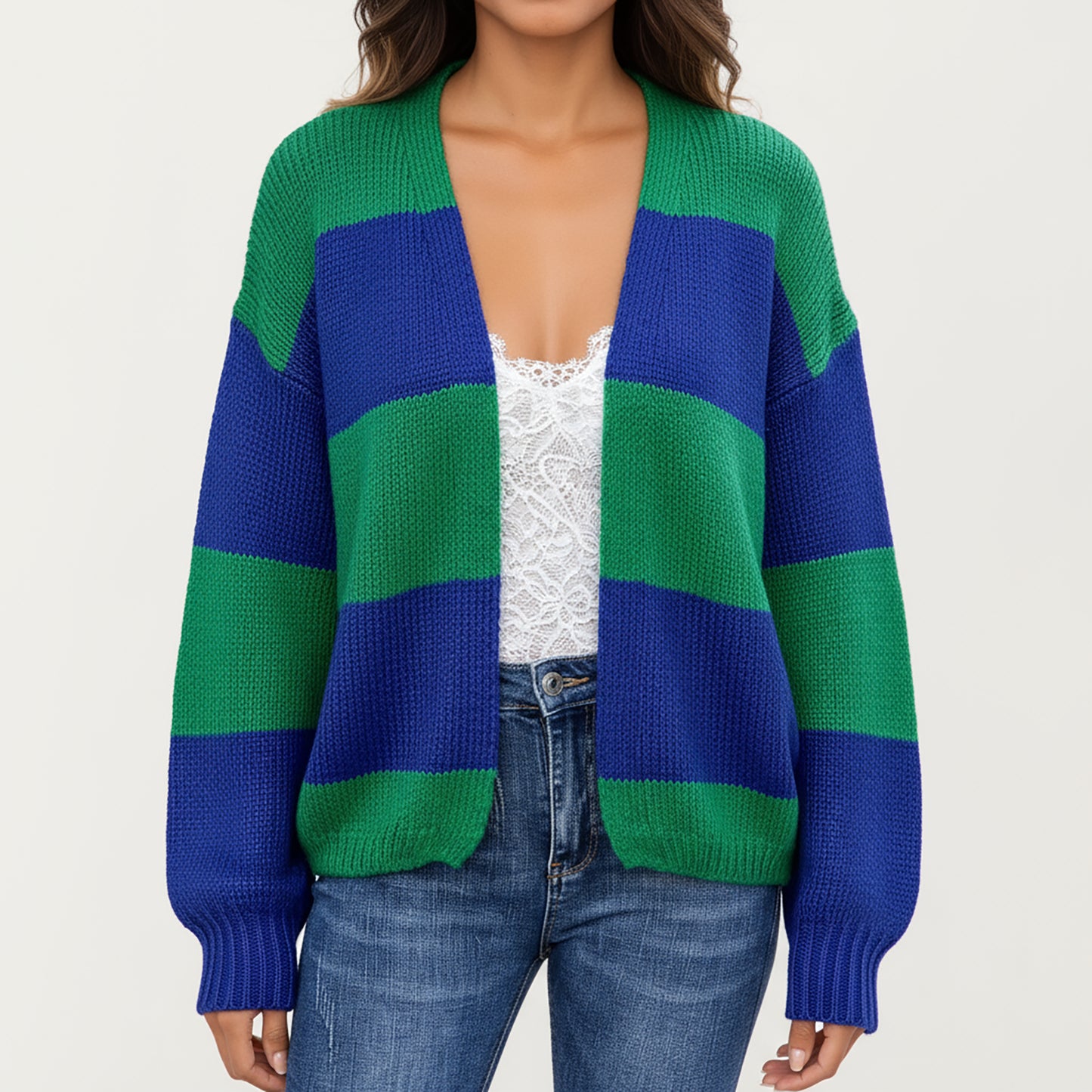 Bold Stripe Knit Cardigan with Ribbed Hem and Balloon Sleeves