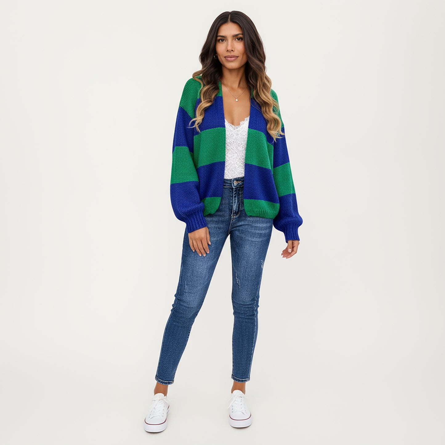 Bold Stripe Knit Cardigan with Ribbed Hem and Balloon Sleeves