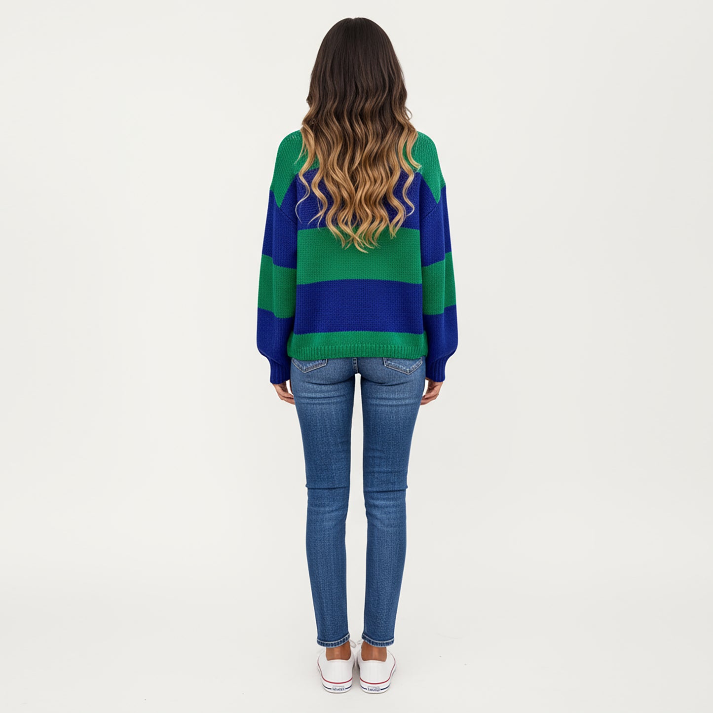 Bold Stripe Knit Cardigan with Ribbed Hem and Balloon Sleeves