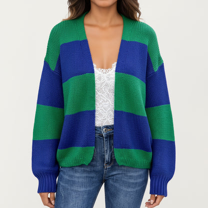 Bold Stripe Knit Cardigan with Ribbed Hem and Balloon Sleeves