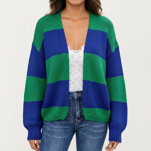 Bold Stripe Knit Cardigan with Ribbed Hem and Balloon Sleeves