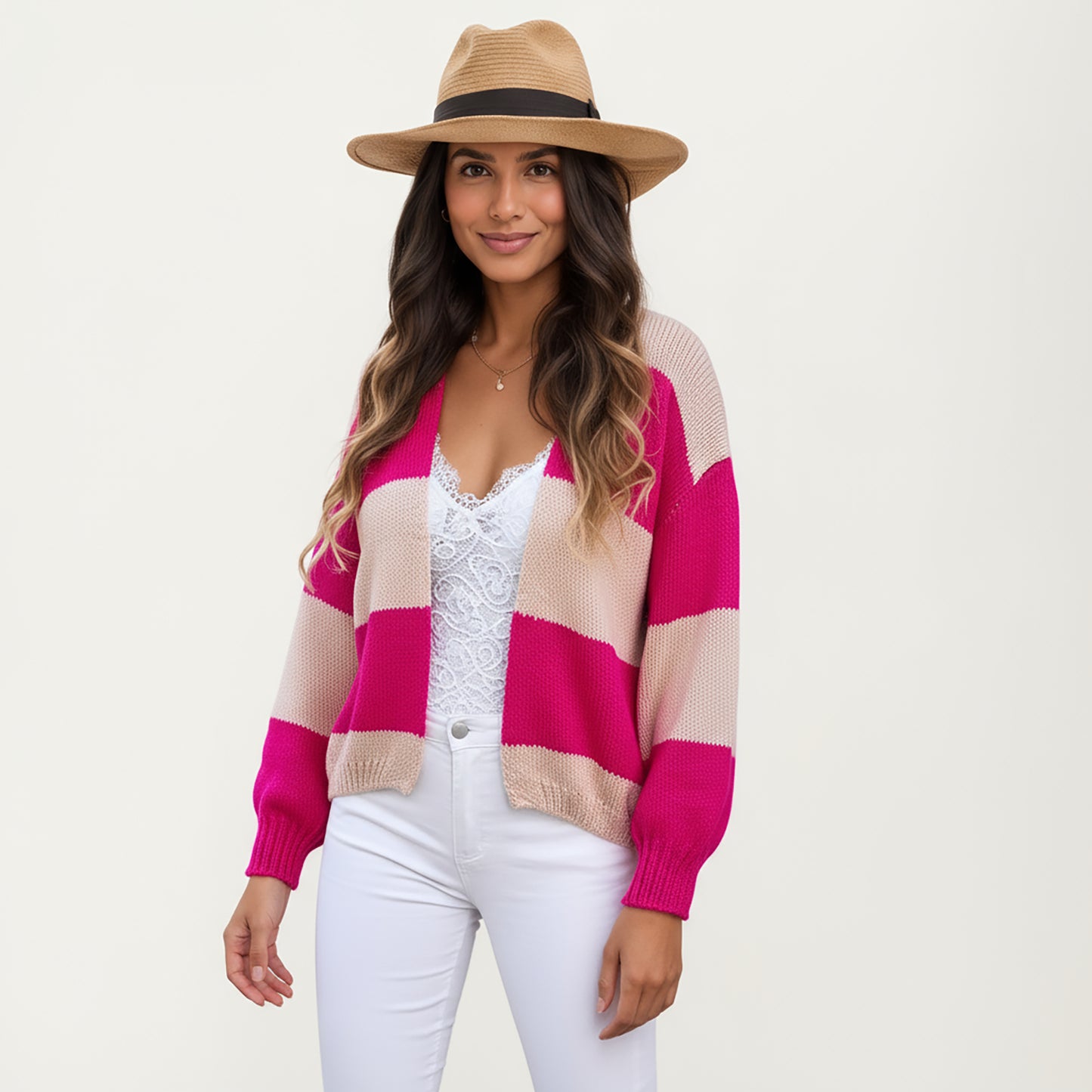 Bold Stripe Knit Cardigan with Ribbed Hem and Balloon Sleeves