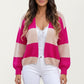 Bold Stripe Knit Cardigan with Ribbed Hem and Balloon Sleeves
