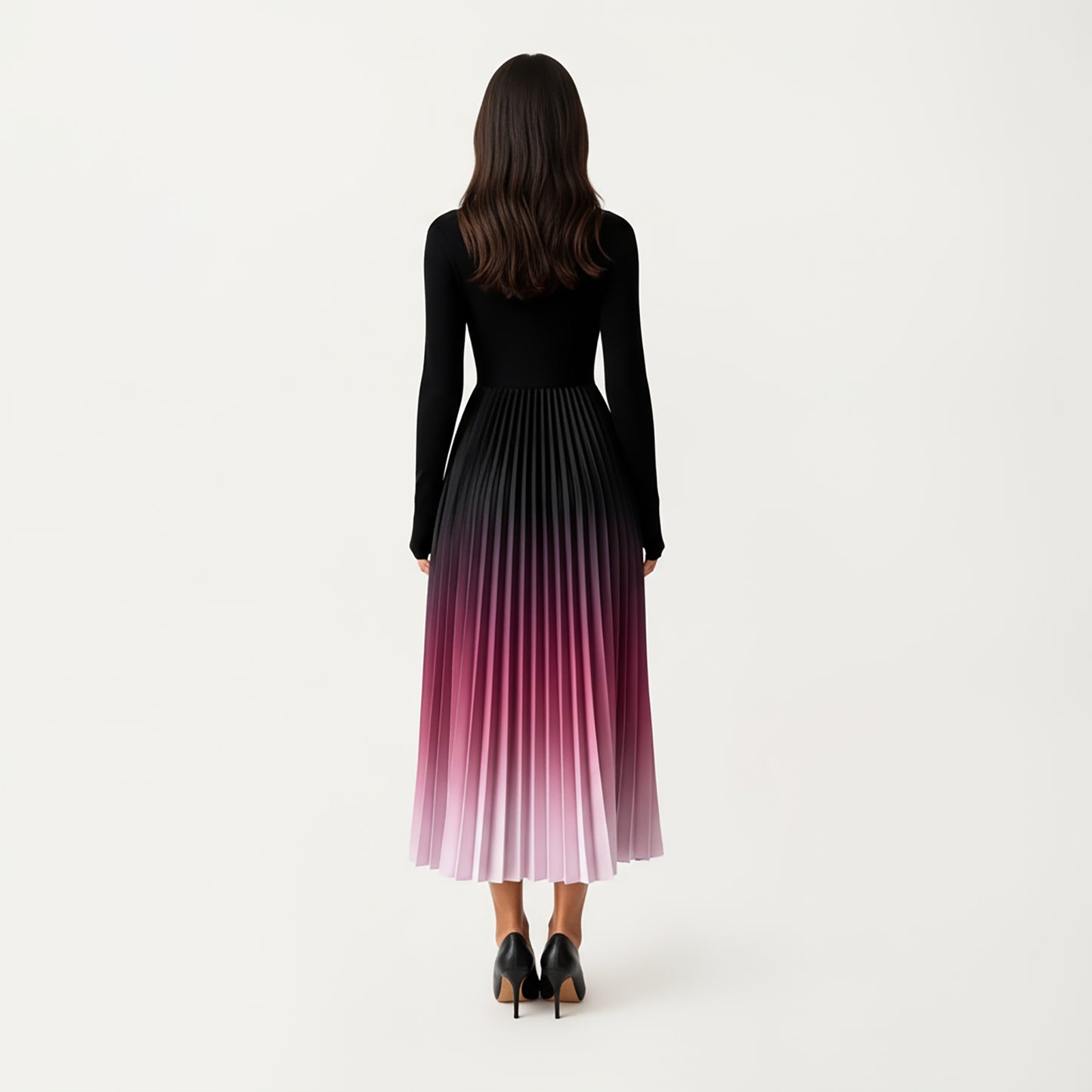 Long Sleeve Pleated Maxi Dress with Gradient Ombre Skirt and Fitted Bodice