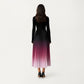 Long Sleeve Pleated Maxi Dress with Gradient Ombre Skirt and Fitted Bodice