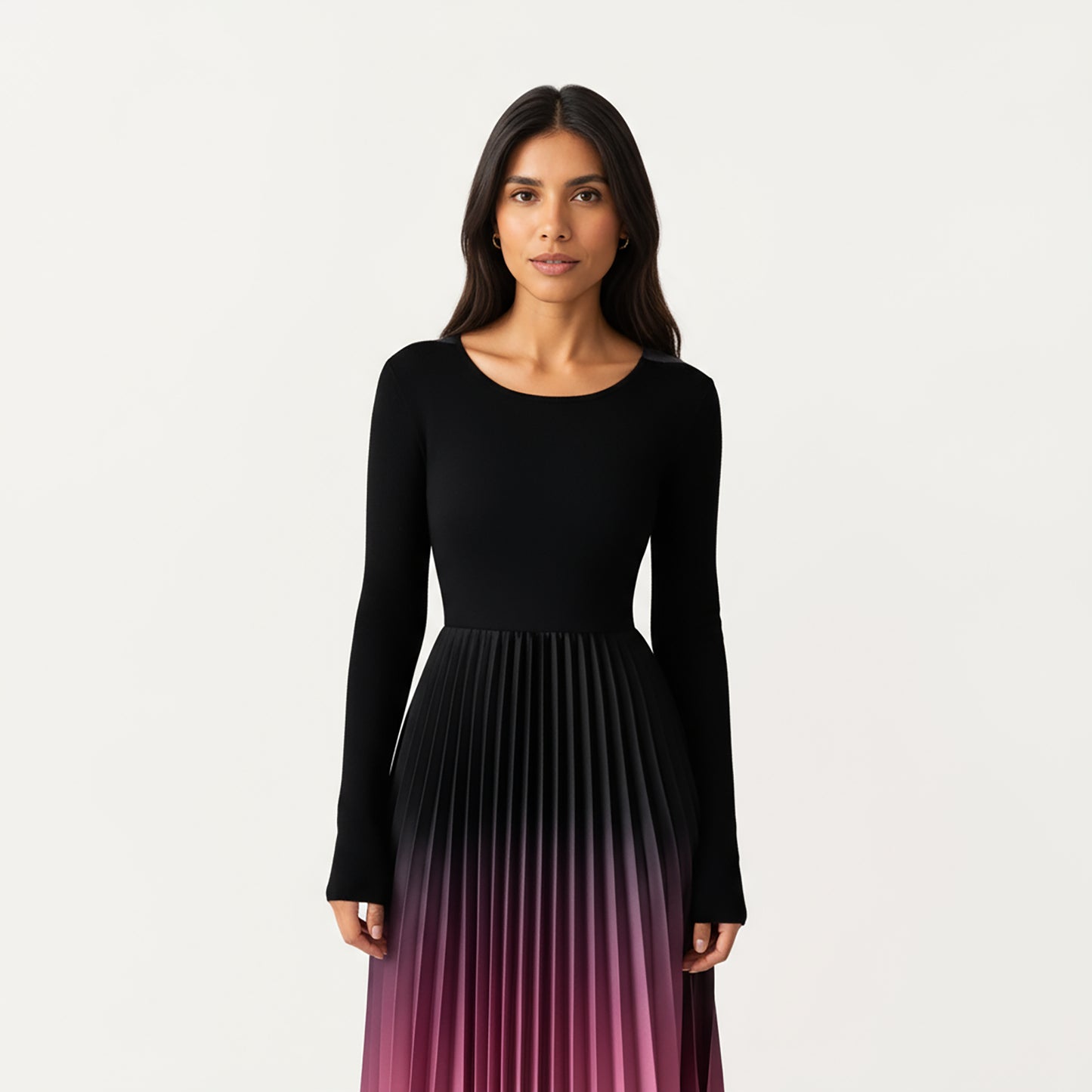 Long Sleeve Pleated Maxi Dress with Gradient Ombre Skirt and Fitted Bodice