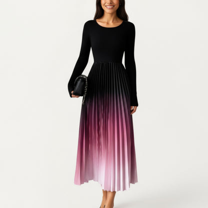 Long Sleeve Pleated Maxi Dress with Gradient Ombre Skirt and Fitted Bodice