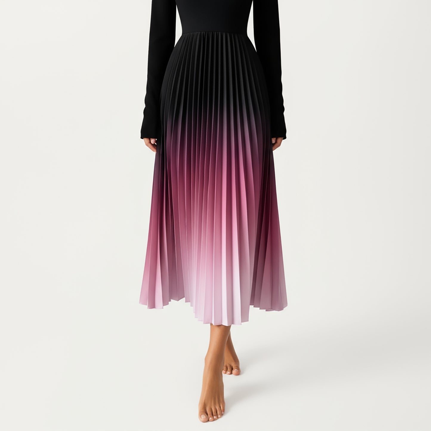 Long Sleeve Pleated Maxi Dress with Gradient Ombre Skirt and Fitted Bodice
