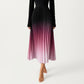 Long Sleeve Pleated Maxi Dress with Gradient Ombre Skirt and Fitted Bodice