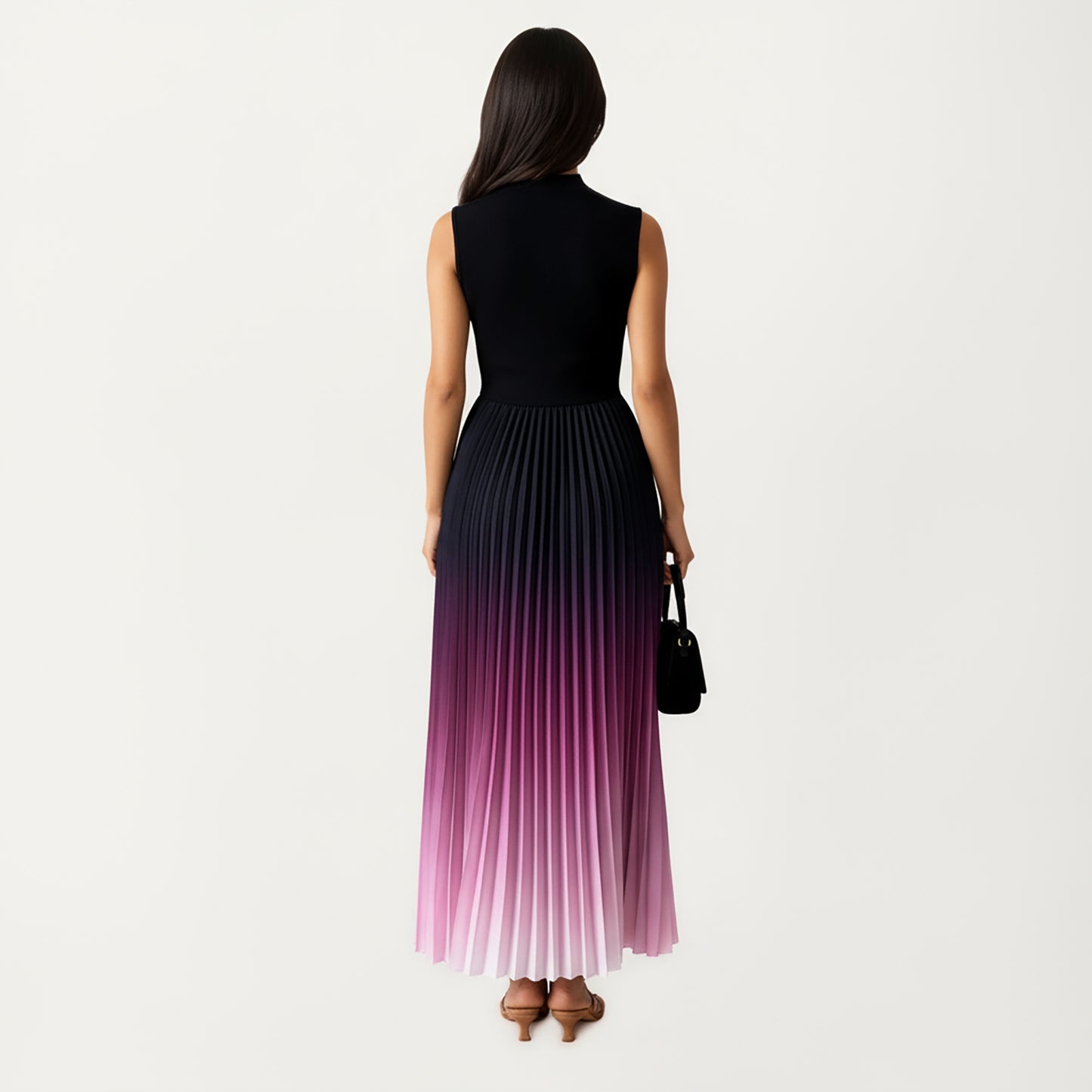 Sleeveless Mock Neck Pleated Maxi Dress with Gradient Ombre Skirt