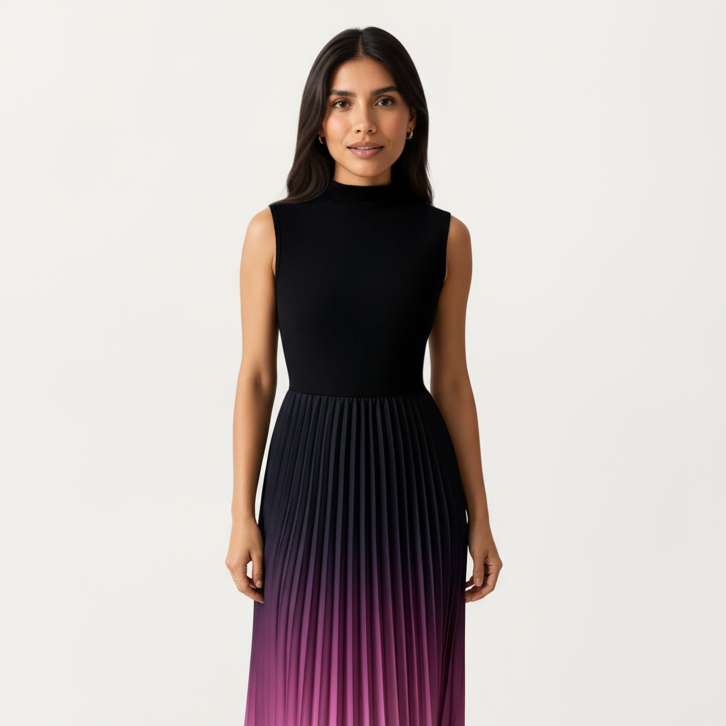 Sleeveless Mock Neck Pleated Maxi Dress with Gradient Ombre Skirt