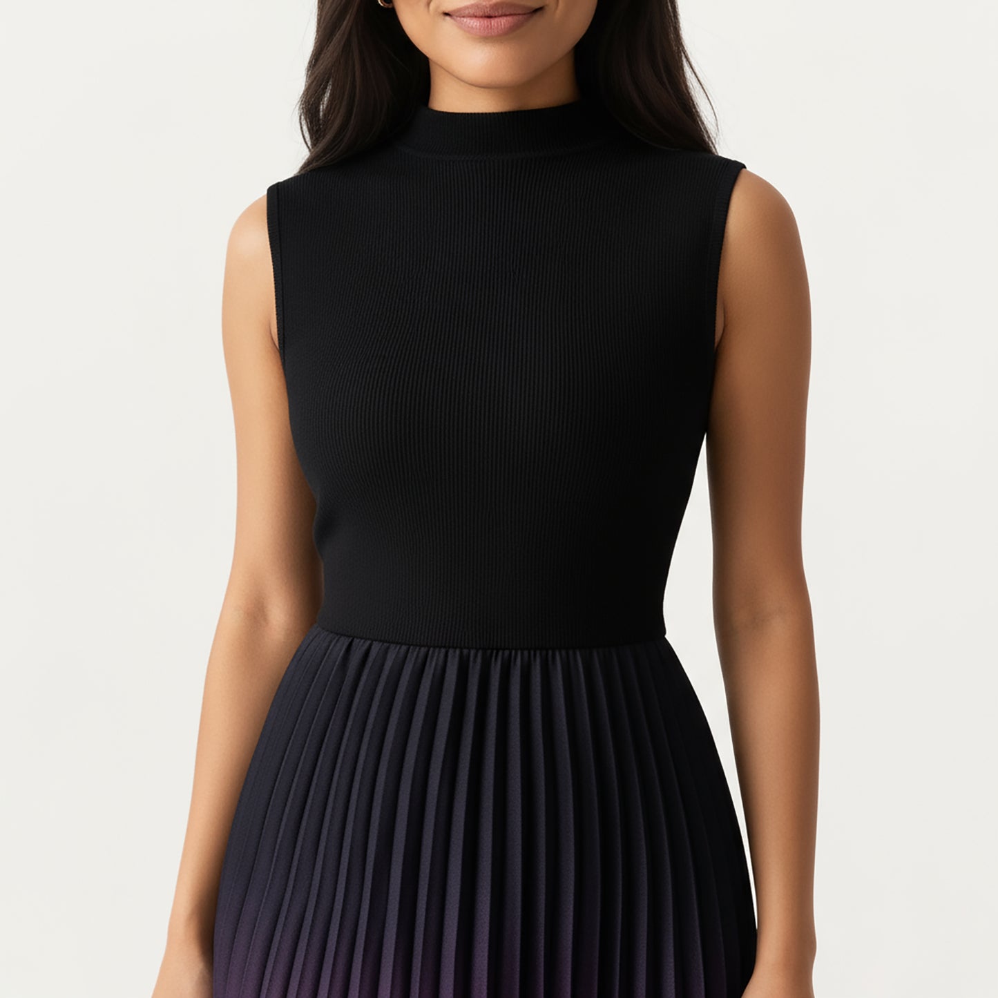 Sleeveless Mock Neck Pleated Maxi Dress with Gradient Ombre Skirt