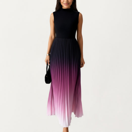 Sleeveless Mock Neck Pleated Maxi Dress with Gradient Ombre Skirt