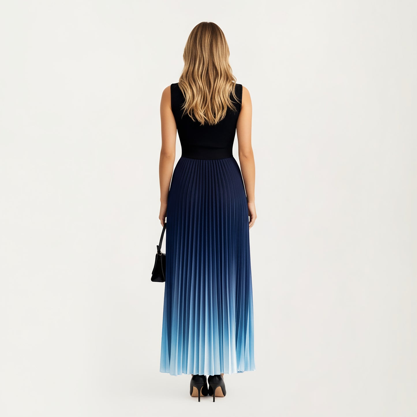 Sleeveless Mock Neck Pleated Maxi Dress with Gradient Ombre Skirt