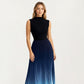 Sleeveless Mock Neck Pleated Maxi Dress with Gradient Ombre Skirt