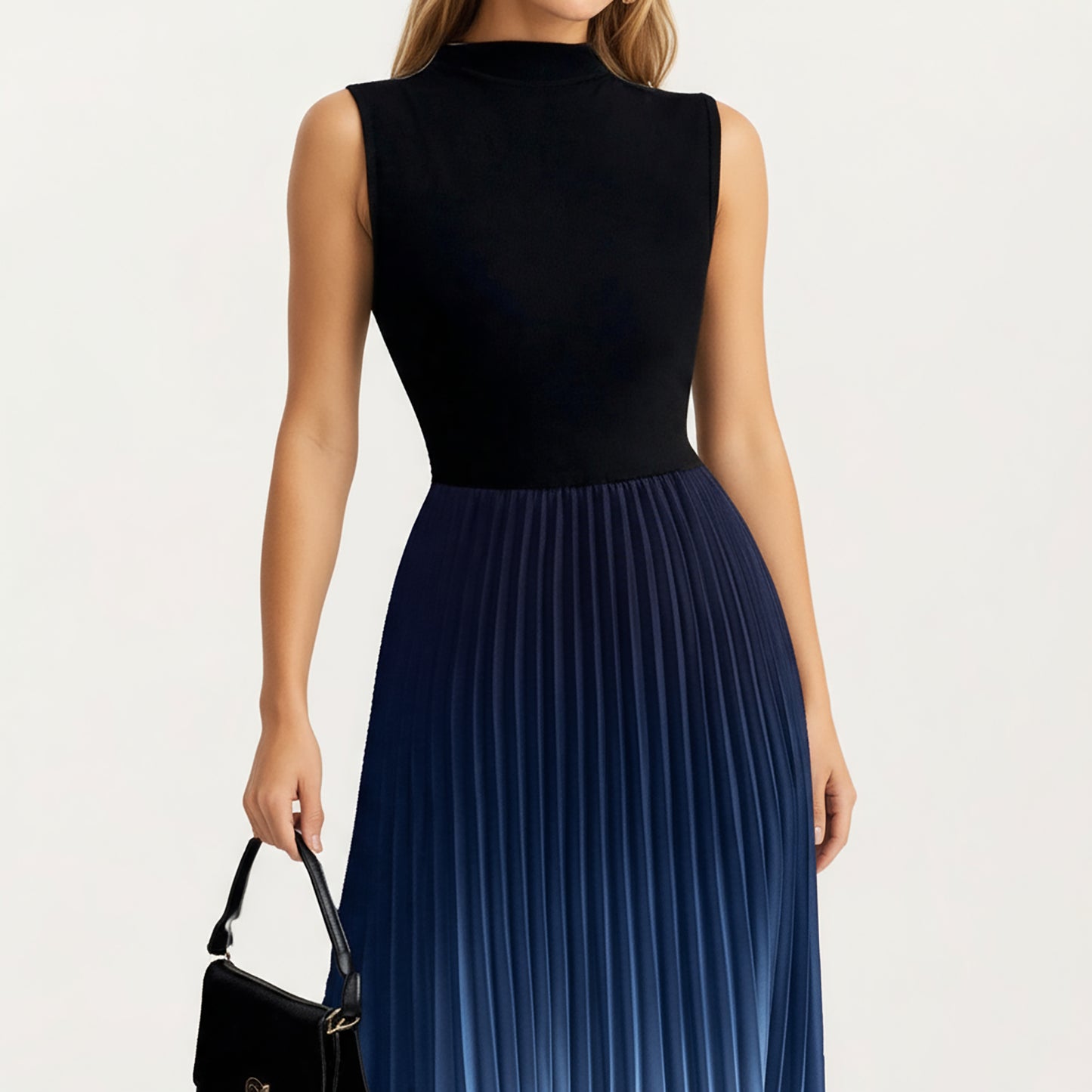 Sleeveless Mock Neck Pleated Maxi Dress with Gradient Ombre Skirt