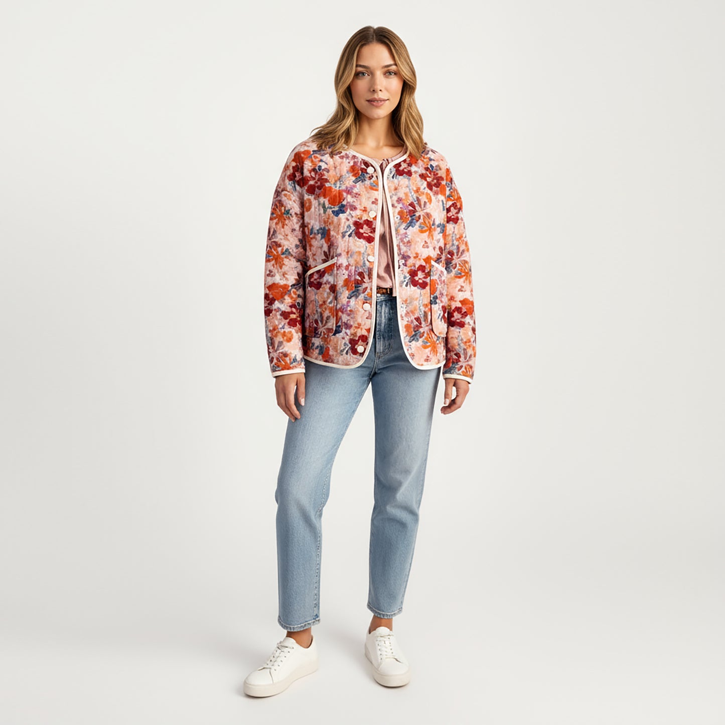 Floral Print Button-Up Quilted Jacket with Front Pockets and Contrast Trim