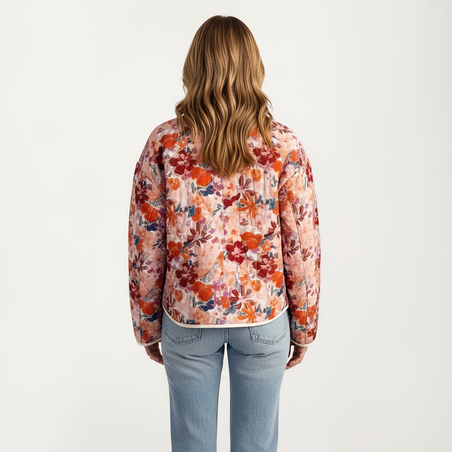 Floral Print Button-Up Quilted Jacket with Front Pockets and Contrast Trim