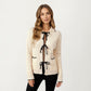 Long Sleeve Rib Knit Cardigan with Contrast Trim and Front Bow Tie Closures