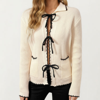 Long Sleeve Rib Knit Cardigan with Contrast Trim and Front Bow Tie Closures