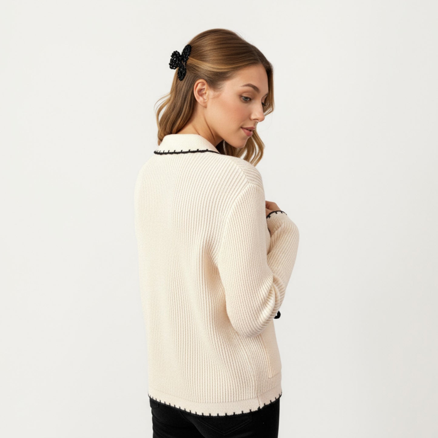 Long Sleeve Rib Knit Cardigan with Contrast Trim and Front Bow Tie Closures