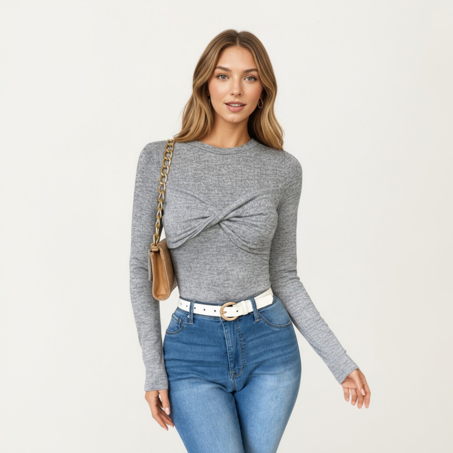 Long Sleeve Twist Front Knit Top with Fitted Silhouette and Crew Neckline