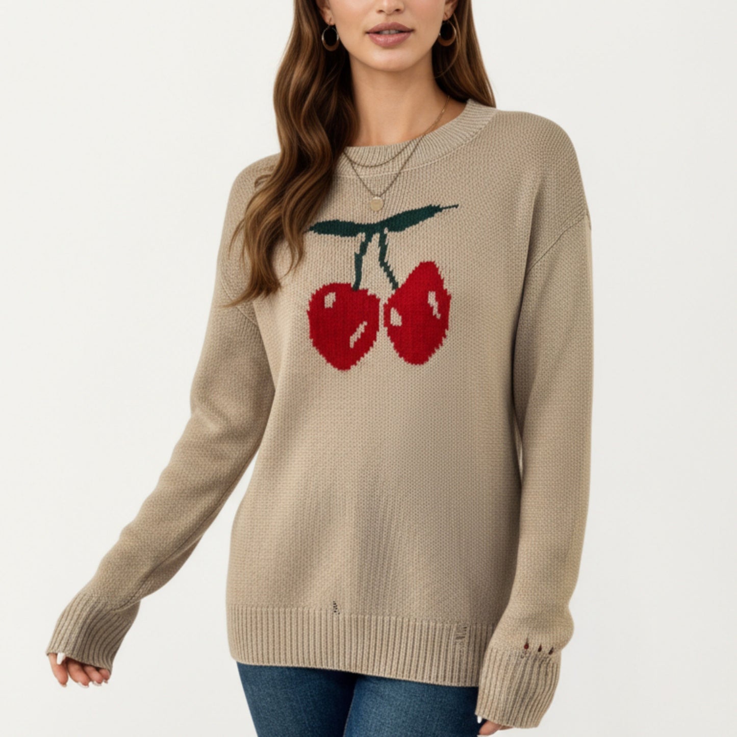 Long Sleeve Knit Pullover Sweater with Cherry Graphic Design and Relaxed Fit