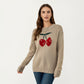Long Sleeve Knit Pullover Sweater with Cherry Graphic Design and Relaxed Fit