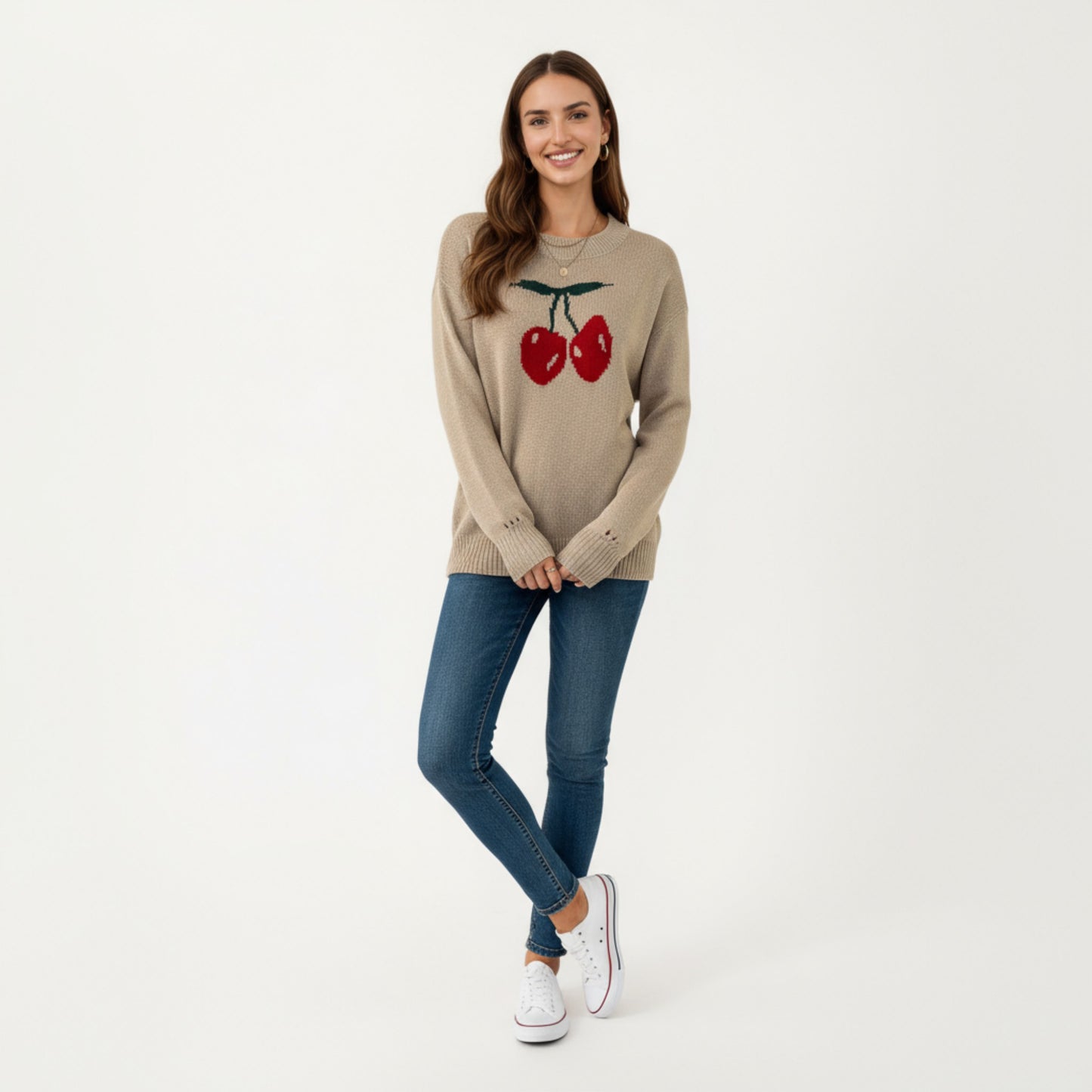 Long Sleeve Knit Pullover Sweater with Cherry Graphic Design and Relaxed Fit